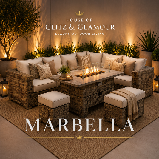 Marbella Rattan 8 Seater Corner Rising Dining Table Set with Fire Pit – Cream