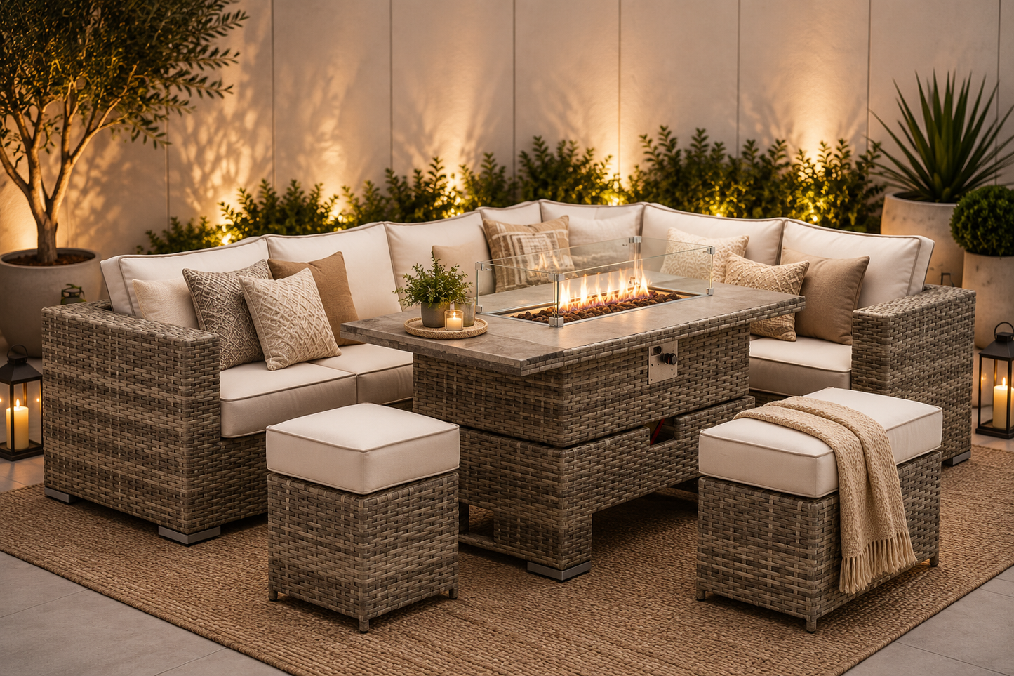Marbella Rattan 8 Seater Corner Rising Dining Table Set with Fire Pit – Cream