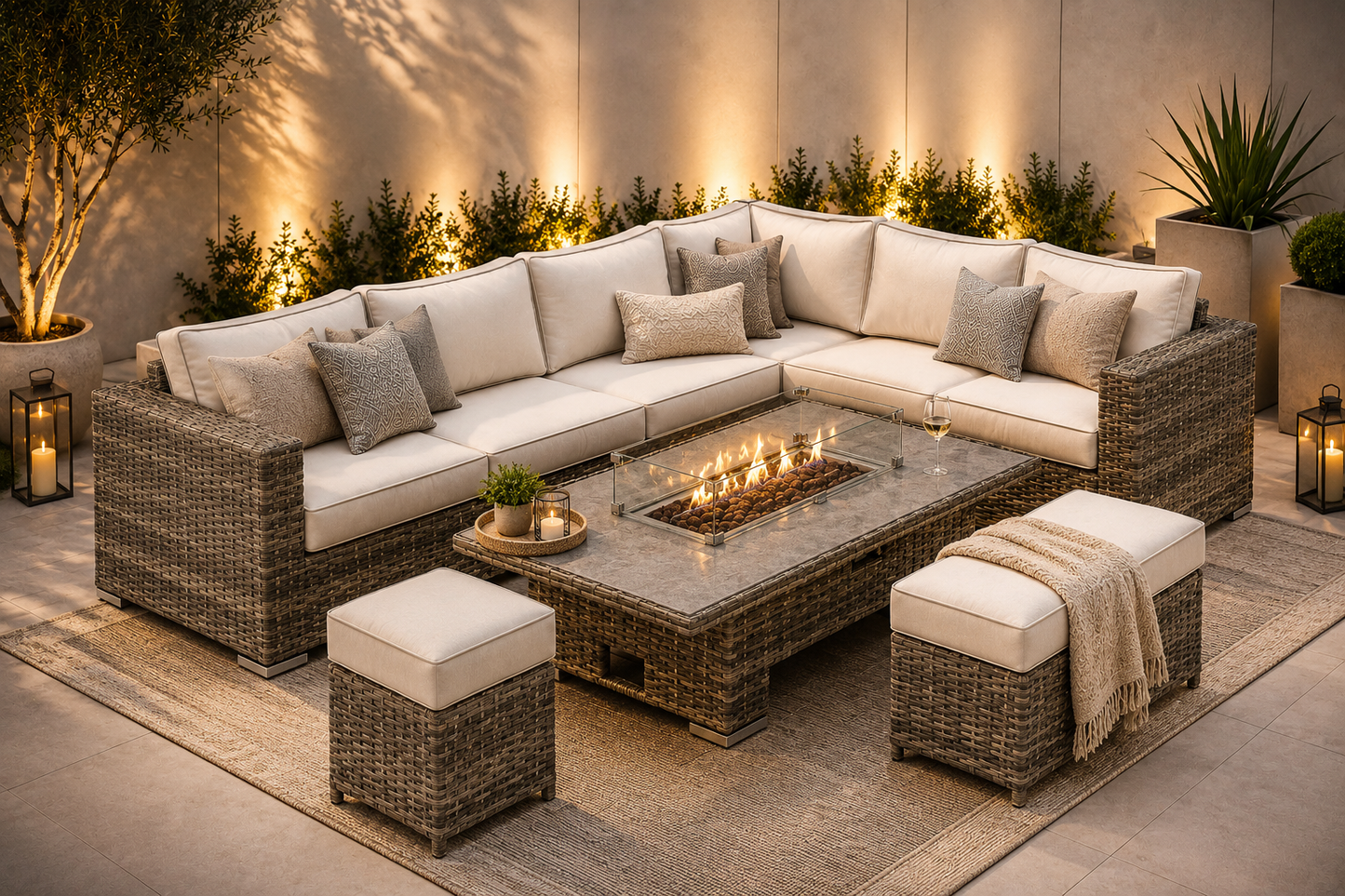 Marbella Rattan 8 Seater Corner Rising Dining Table Set with Fire Pit – Cream