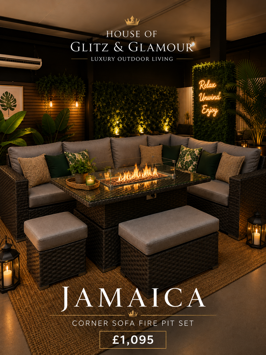 JAMAICA CORNER RISING DINING SET WITH FIRE PIT