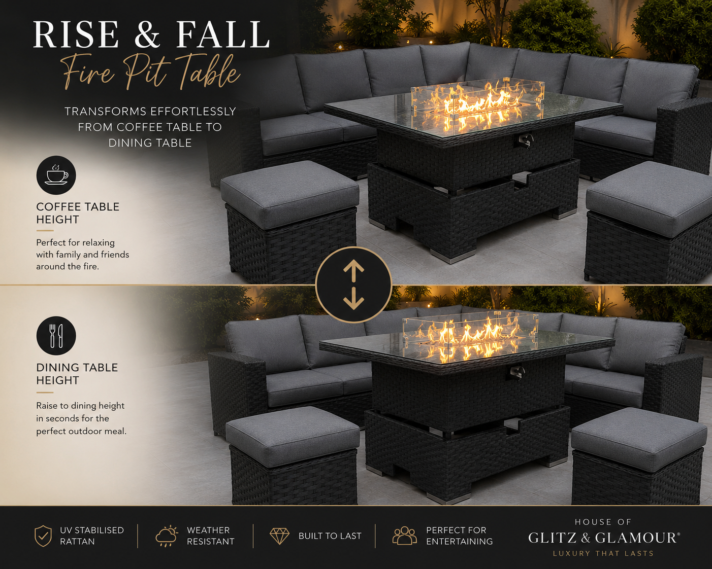 JAMAICA CORNER RISING DINING SET WITH FIRE PIT