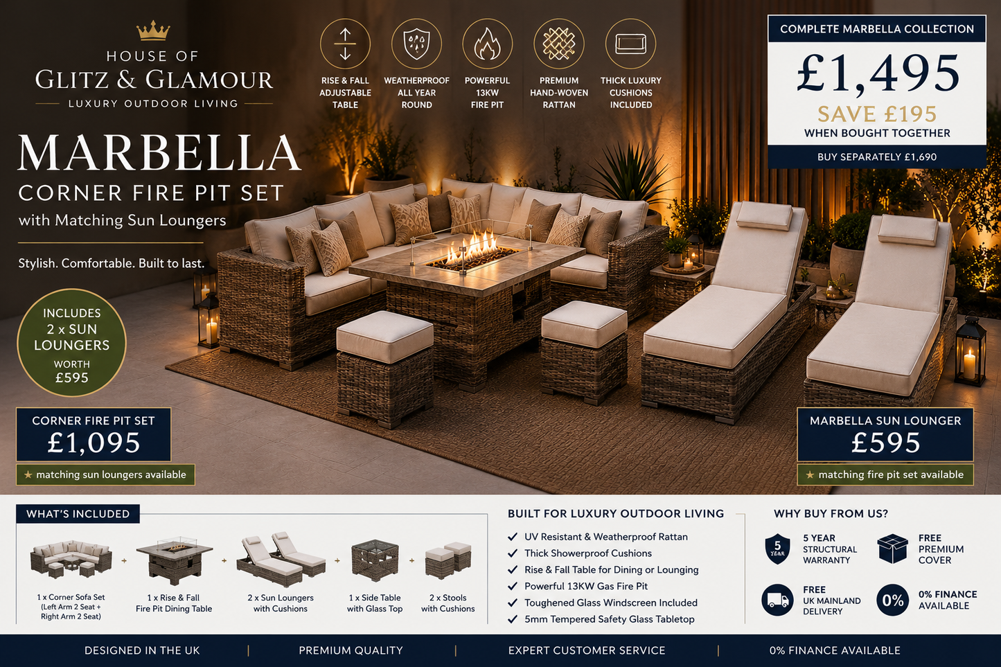 Marbella Corner Fire Pit Dining Set & Matching Sun Loungers - Cream & Grey