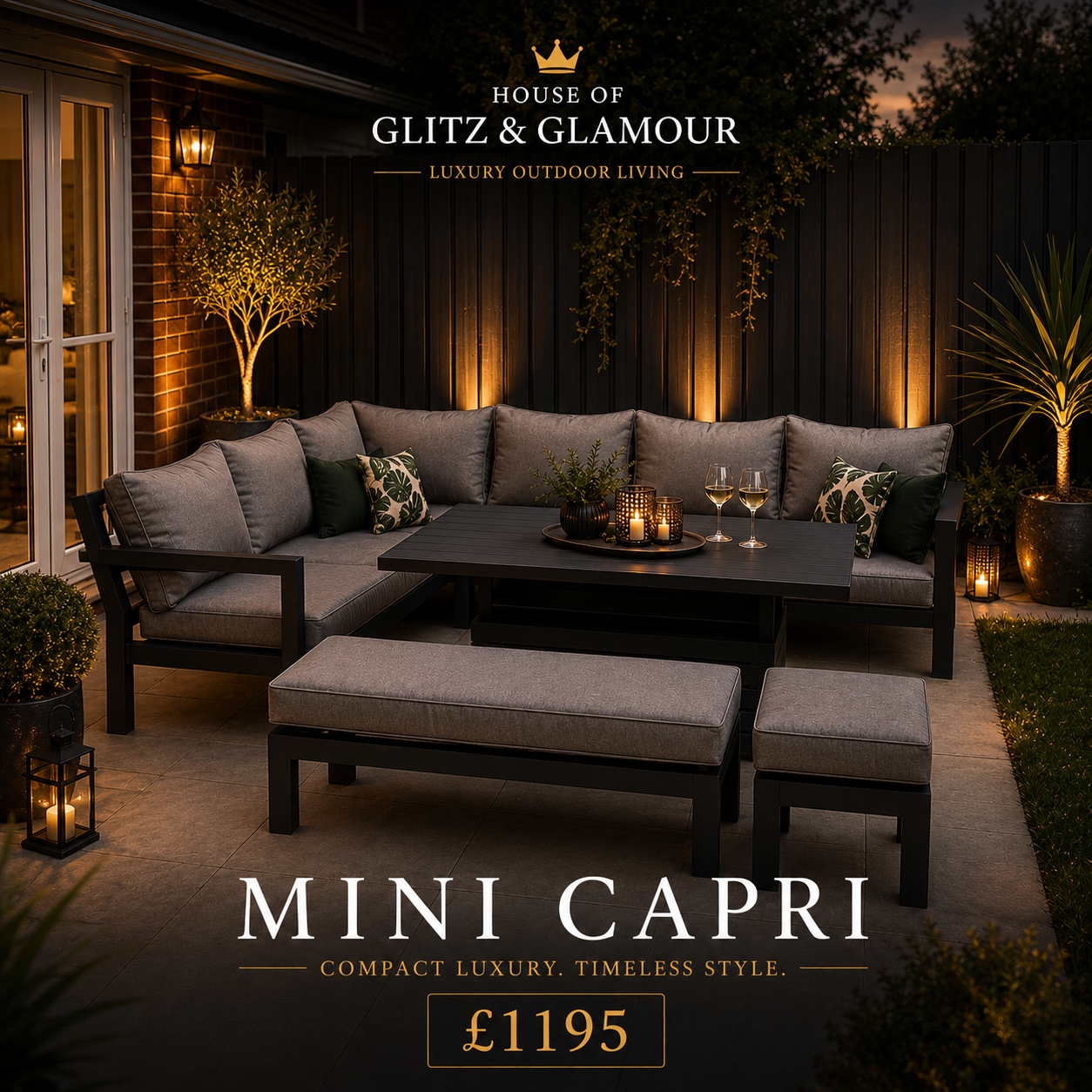 Mini Capri Grey & Black Aluminium Corner Dining Set with Rise & Fall Table