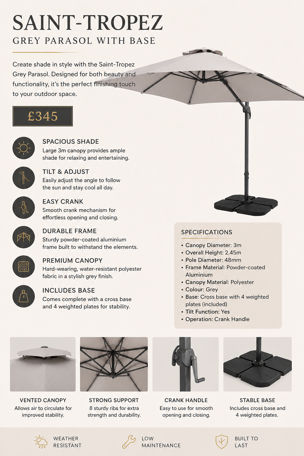 St Tropez Grey 3m Cantilever Parasol with Base