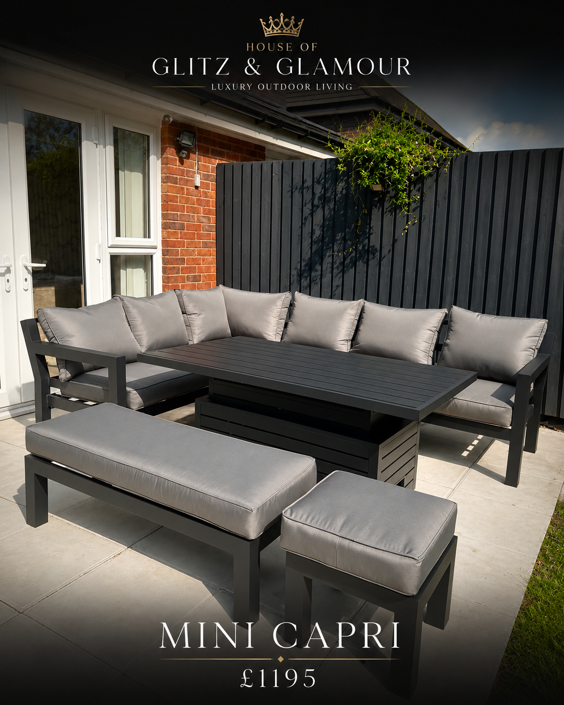 Mini Capri Grey & Black Aluminium Corner Dining Set with Rise & Fall Table