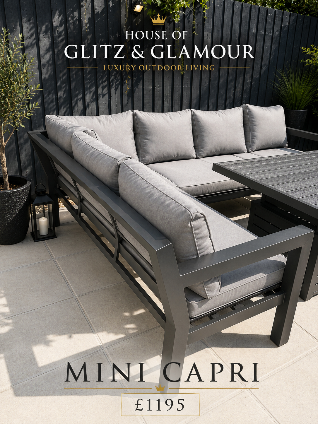 Mini Capri Grey & Black Aluminium Corner Dining Set with Rise & Fall Table