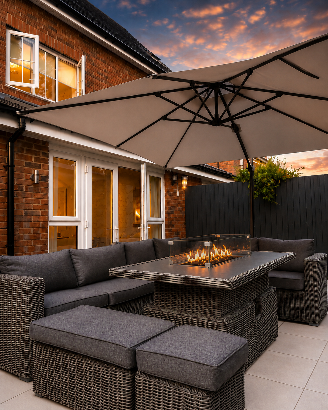 Portofino Grande Luxury Modular Corner Fire Pit Dining Set - Grey Weave & Grey Cushions