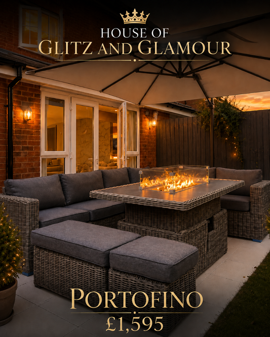 Portofino Grande Luxury Modular Corner Fire Pit Dining Set - Grey Weave & Grey Cushions