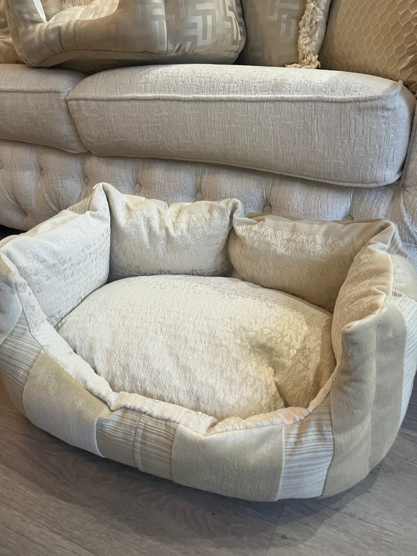 Cream And Gold Striped Dog Bed