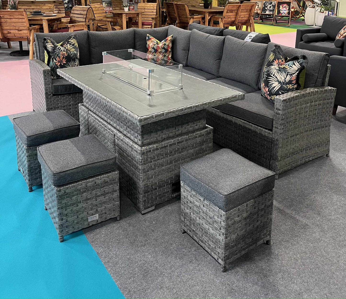 MAYFAIR FIRE PIT Corner Sofa with Rising Table & Fire Pit plus 3 Stools in Grey