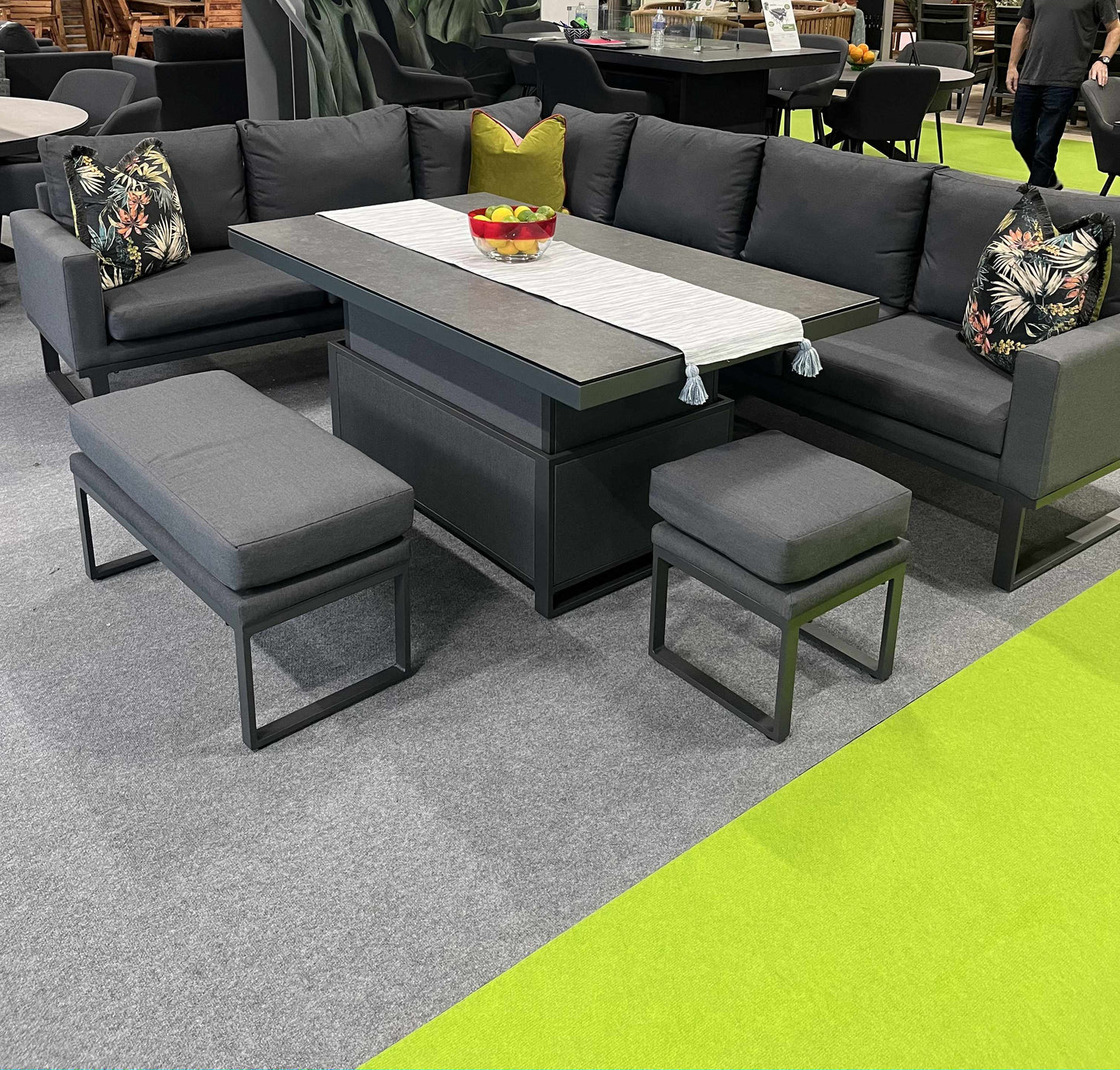 JUPITER Corner Sofa with Rising Table, Stool and Bench in Dark Grey All Weather Resistant Fabric