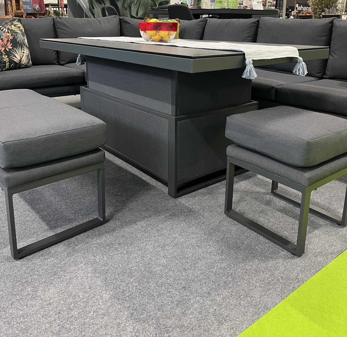 JUPITER Corner Sofa with Rising Table, Stool and Bench in Dark Grey All Weather Resistant Fabric