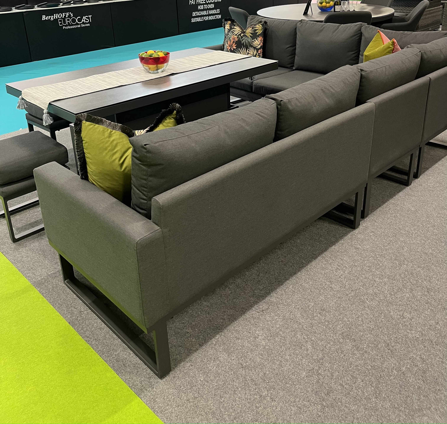 JUPITER Corner Sofa with Rising Table, Stool and Bench in Dark Grey All Weather Resistant Fabric