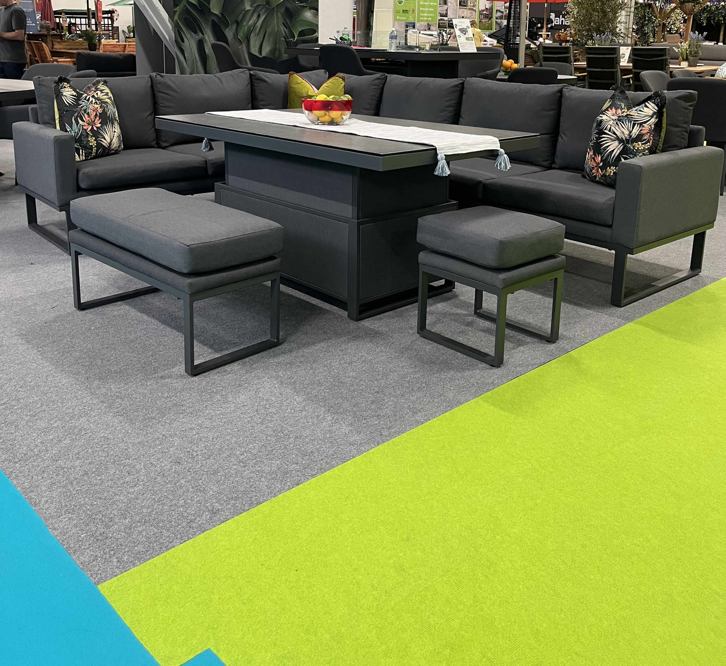 JUPITER Corner Sofa with Rising Table, Stool and Bench in Dark Grey All Weather Resistant Fabric