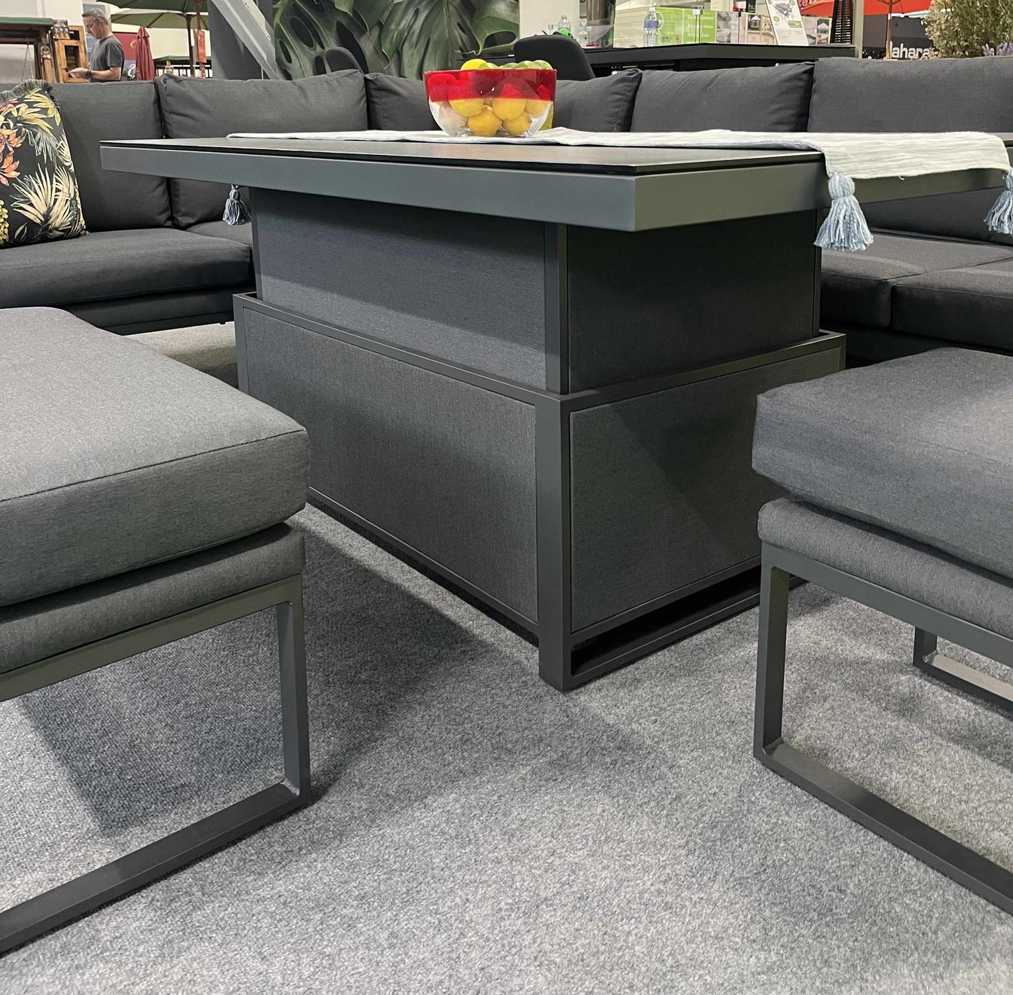 JUPITER Corner Sofa with Rising Table, Stool and Bench in Dark Grey All Weather Resistant Fabric