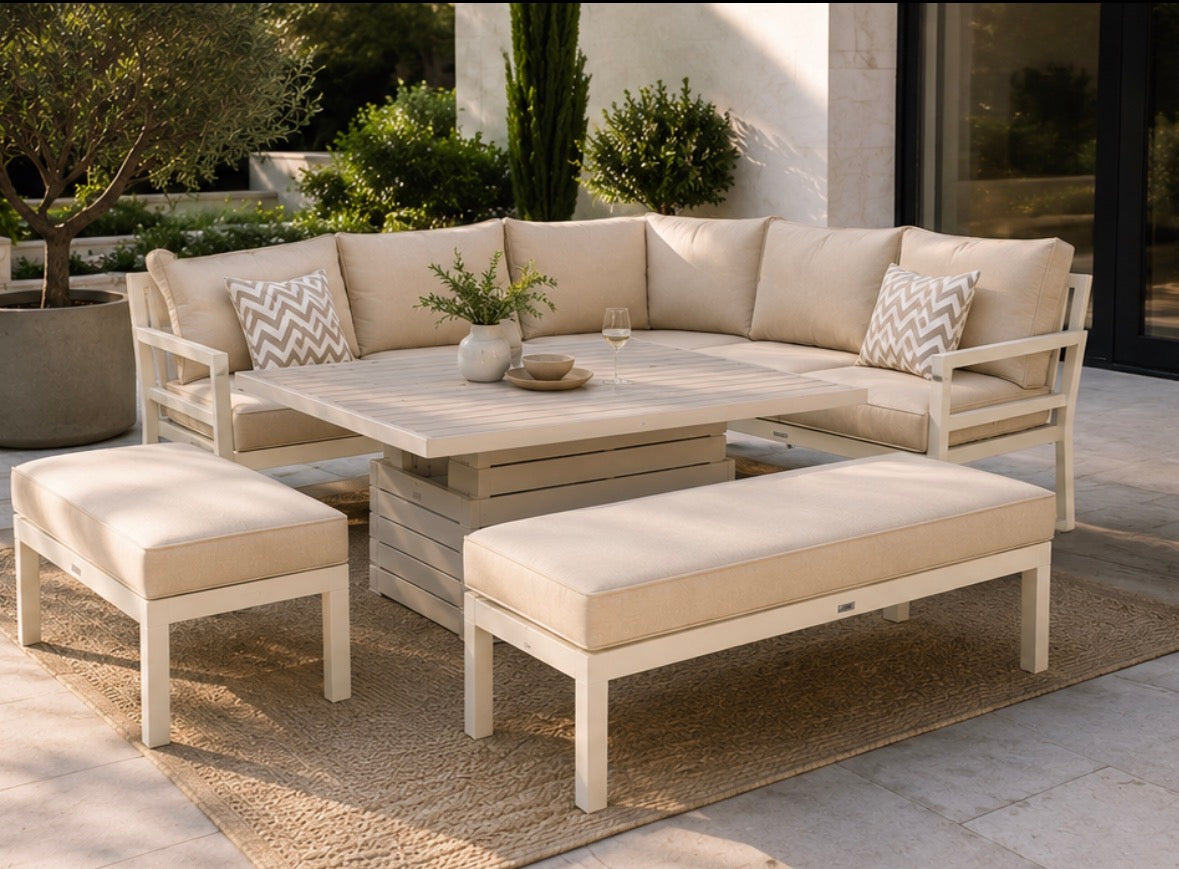 Capri Cream Aluminium Corner Dining Set with Rise & Fall Table