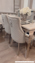 Load image into Gallery viewer, 1.5m Louis Cream Dining Table + 4 Light Grey Chelsea Tufted Lion Knocker Back Chairs