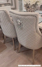 Load image into Gallery viewer, 1.5m Louis Cream Dining Table + 4 Light Grey Chelsea Tufted Lion Knocker Back Chairs