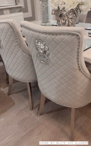 1.5m Louis Cream Dining Table + 4 Light Grey Chelsea Tufted Lion Knocker Back Chairs