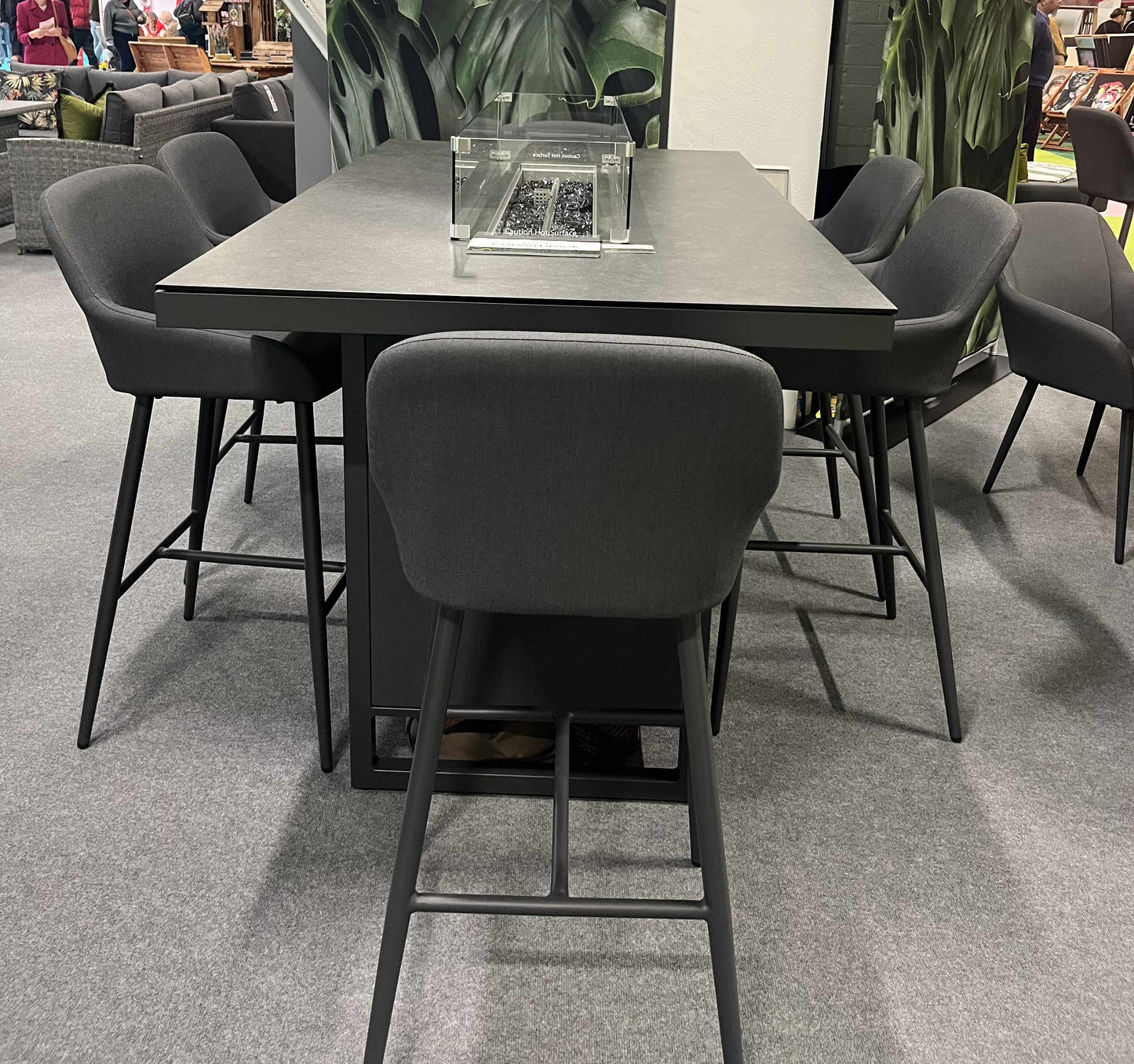 JUPITER Bar Table with Fire Pit and 8 Bar Stools in Dark Grey Fabric