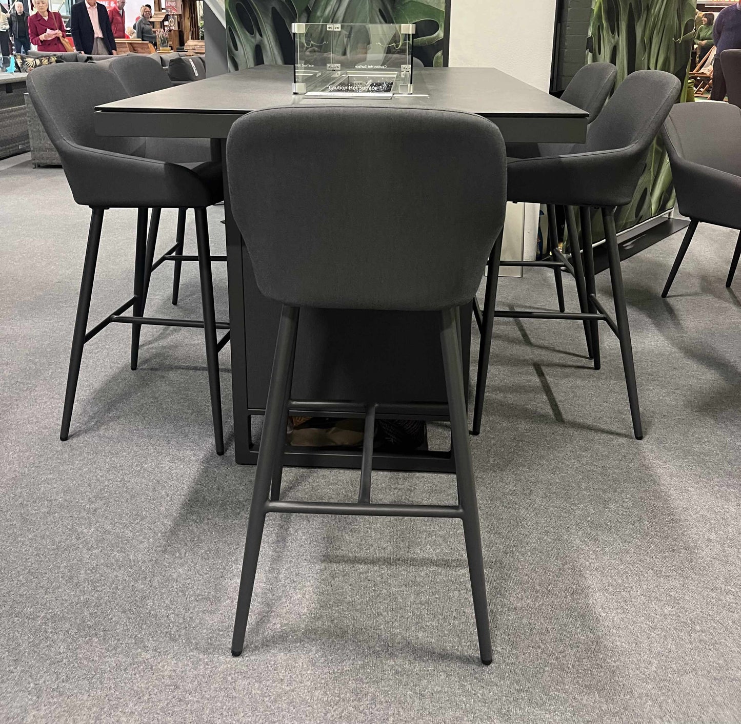 JUPITER Bar Table with Fire Pit and 8 Bar Stools in Dark Grey Fabric