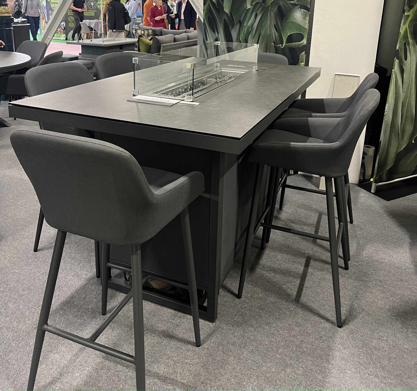 JUPITER Bar Table with Fire Pit and 8 Bar Stools in Dark Grey Fabric