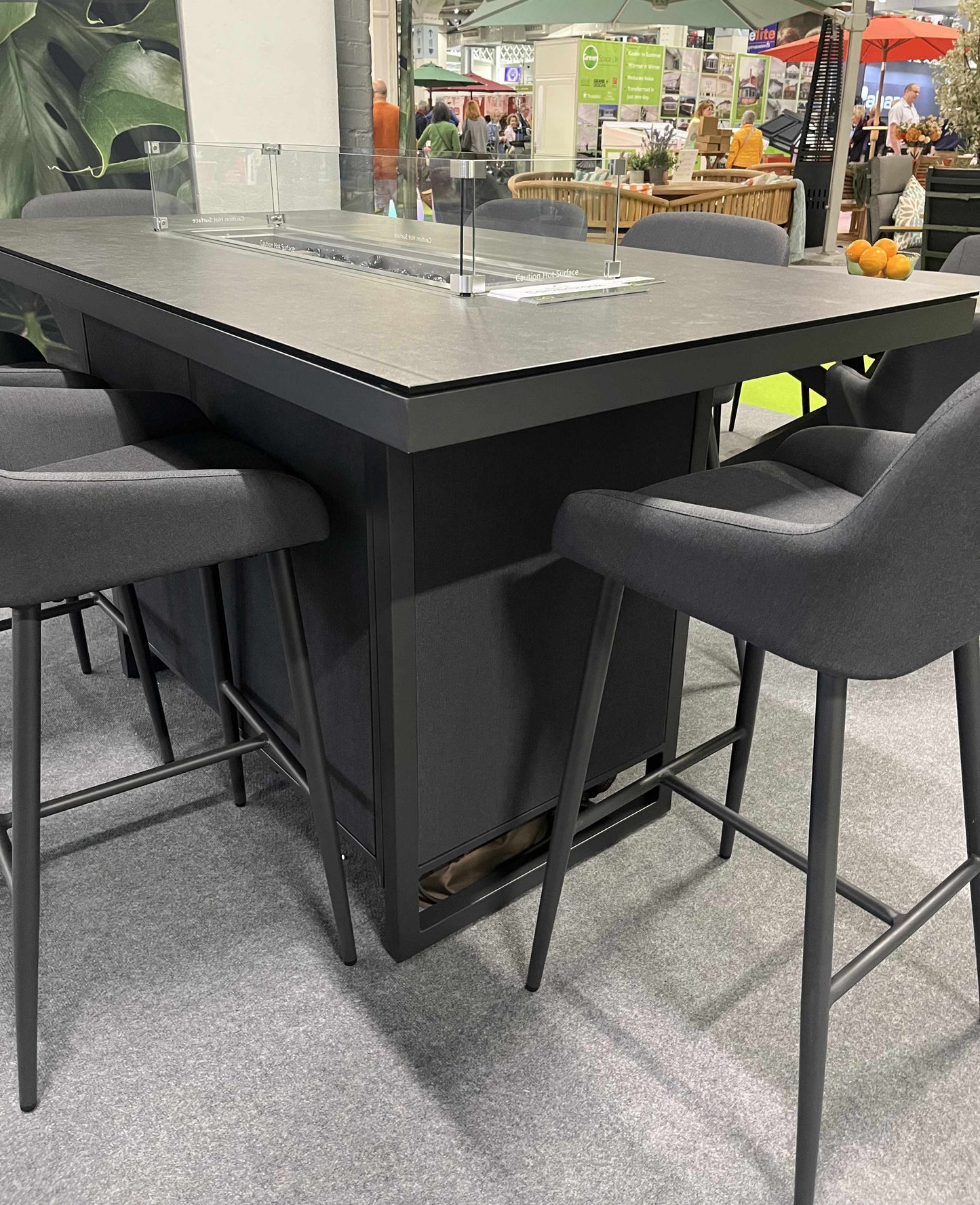 JUPITER Bar Table with Fire Pit and 8 Bar Stools in Dark Grey Fabric