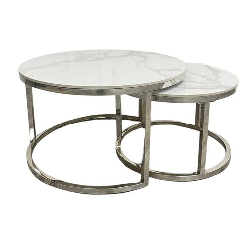 Nest of 2 Short Silver End Tables with Ice White Sintered Stone Tops