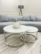 Load image into Gallery viewer, Nest of 2 Short Silver End Tables with Ice White Sintered Stone Tops