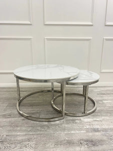 Nest of 2 Short Silver End Tables with Ice White Sintered Stone Tops