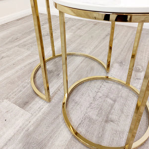 Nest of 2 Tall Gold End Tables with Ice White Sintered Stone Tops