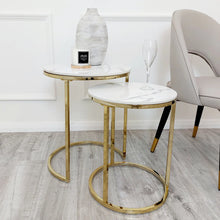 Load image into Gallery viewer, Nest of 2 Tall Gold End Tables with Ice White Sintered Stone Tops