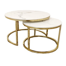 Load image into Gallery viewer, Nest of 2 Short Gold End Tables with Ice White Sintered Stone Tops