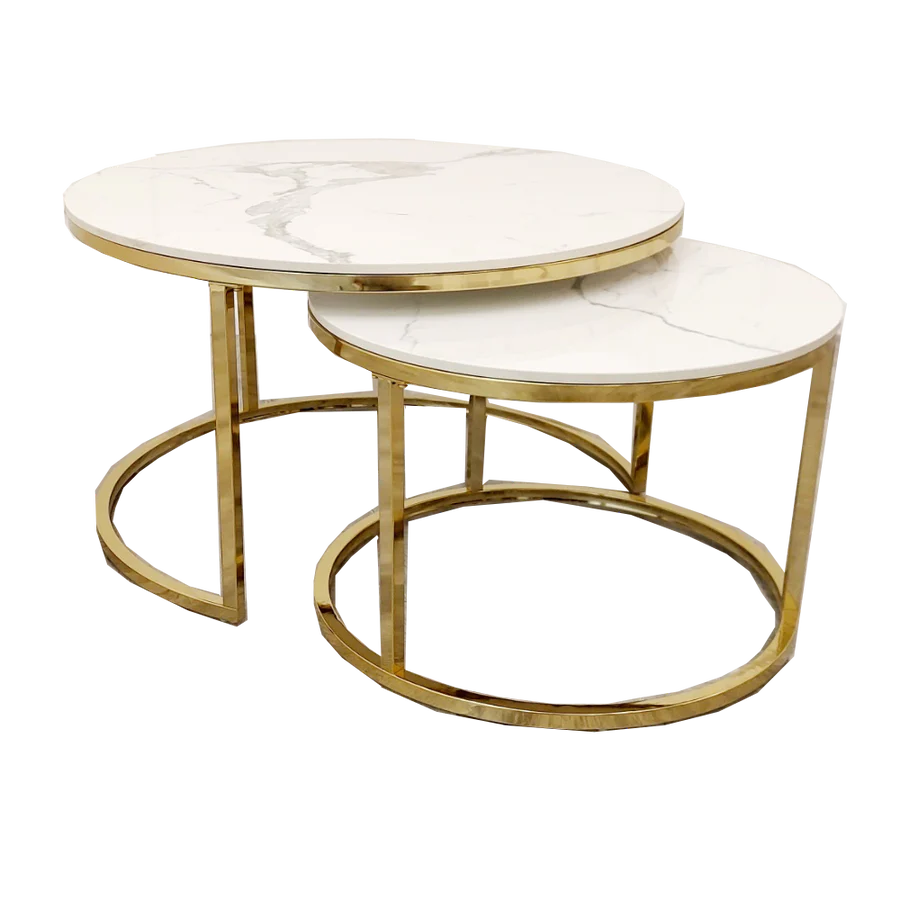 Nest of 2 Short Gold End Tables with Ice White Sintered Stone Tops