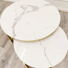 Load image into Gallery viewer, Nest of 2 Short Gold End Tables with Ice White Sintered Stone Tops