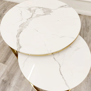 Nest of 2 Short Gold End Tables with Ice White Sintered Stone Tops