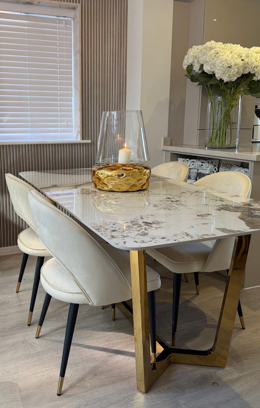 Luca Cream 1.8 Dining Table With Gold Frame And Pandora Sintered Top & 4 Astra Dining Chairs