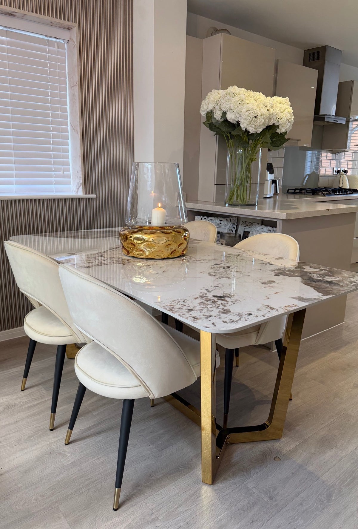 Luca Cream 1.8 Dining Table With Gold Frame And Pandora Sintered Top & 4 Astra Dining Chairs