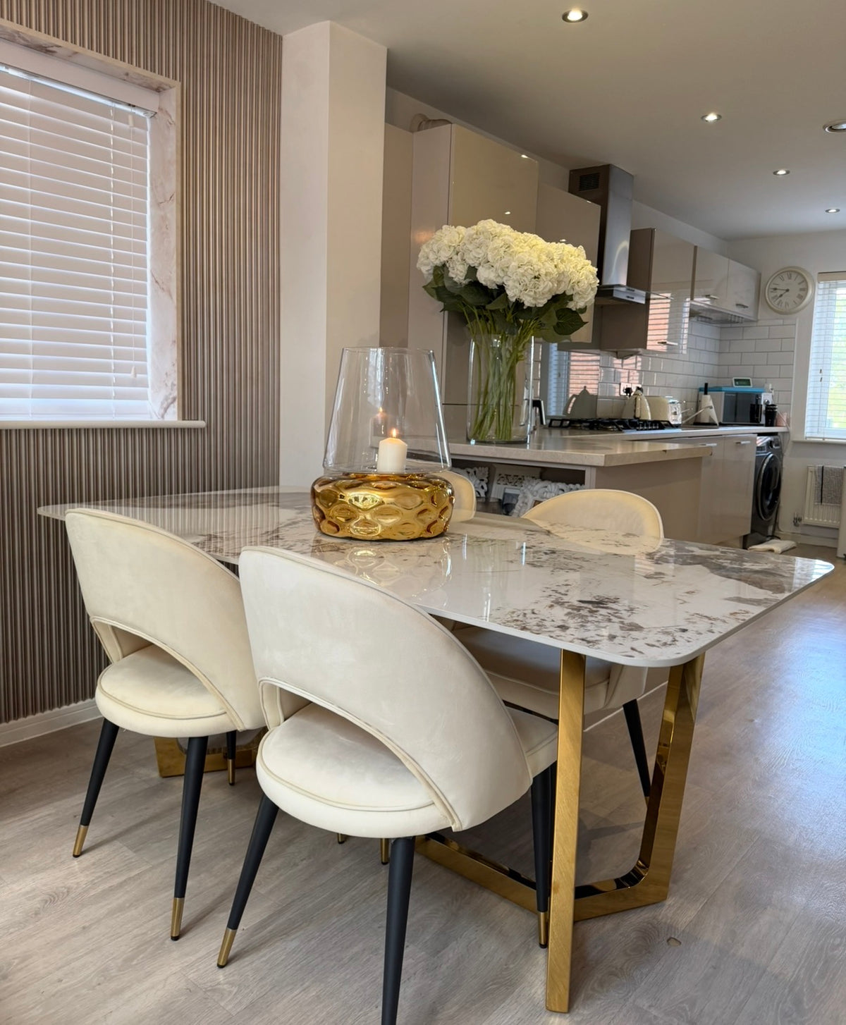 Luca Cream 1.8 Dining Table With Gold Frame And Pandora Sintered Top & 4 Astra Dining Chairs