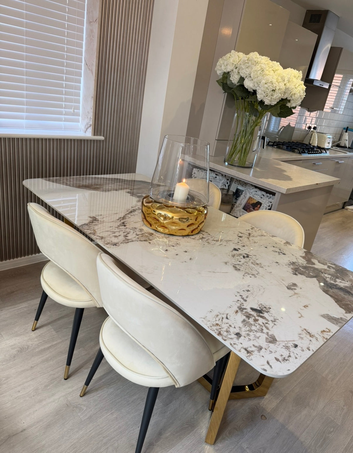 Luca Cream 1.8 Dining Table With Gold Frame And Pandora Sintered Top & 4 Astra Dining Chairs