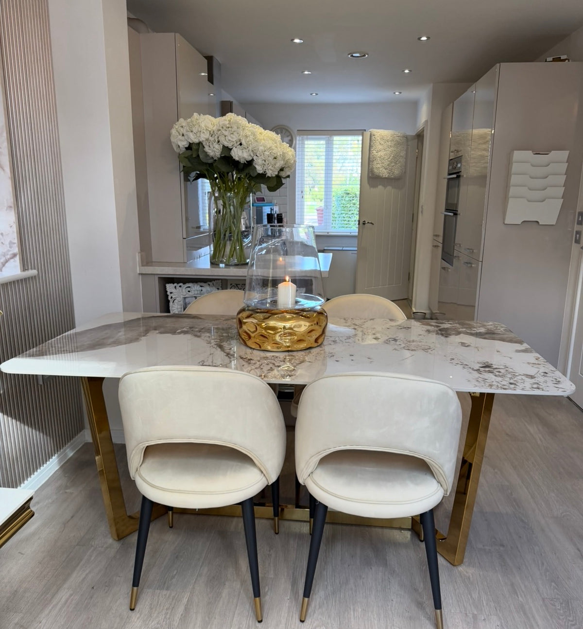 Luca Cream 1.8 Dining Table With Gold Frame And Pandora Sintered Top & 4 Astra Dining Chairs