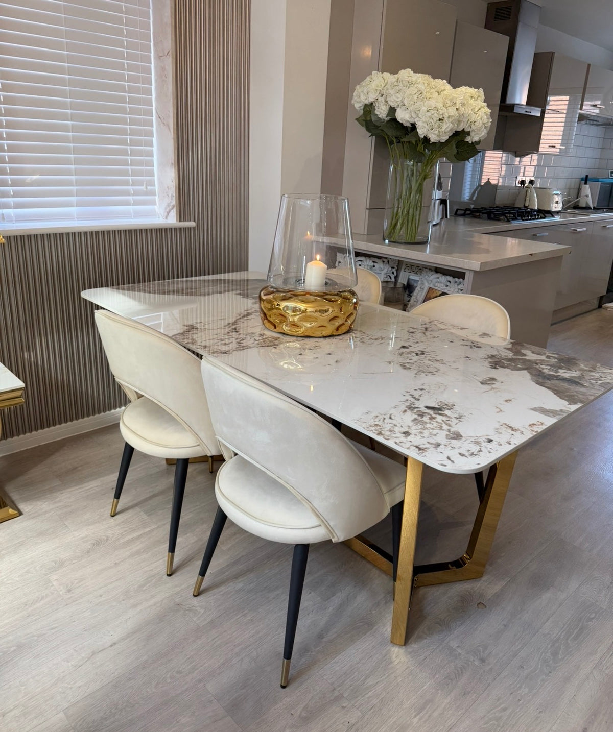 Luca Cream 1.8 Dining Table With Gold Frame And Pandora Sintered Top & 4 Astra Dining Chairs