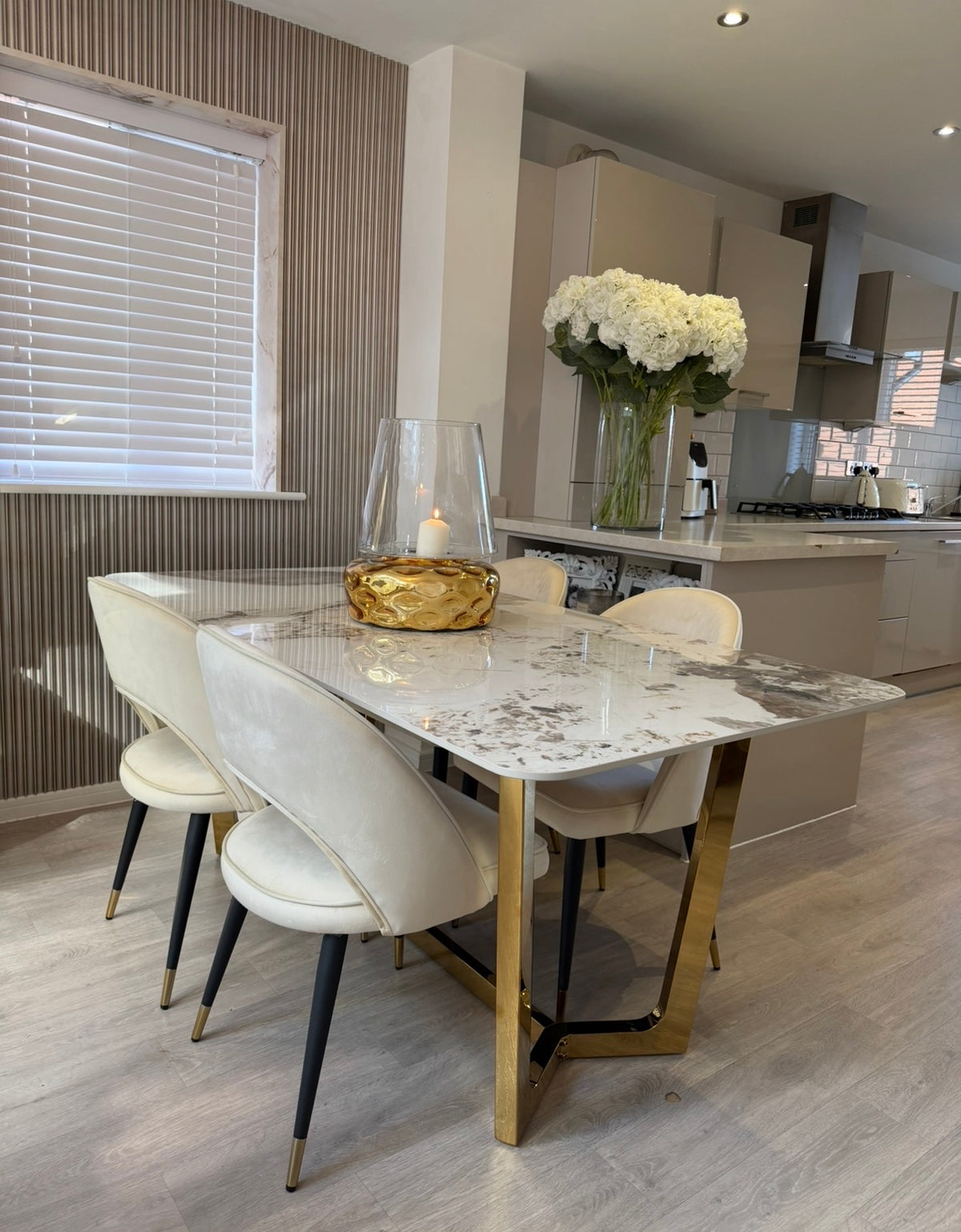 Luca Cream 1.8 Dining Table With Gold Frame And Pandora Sintered Top & 4 Astra Dining Chairs