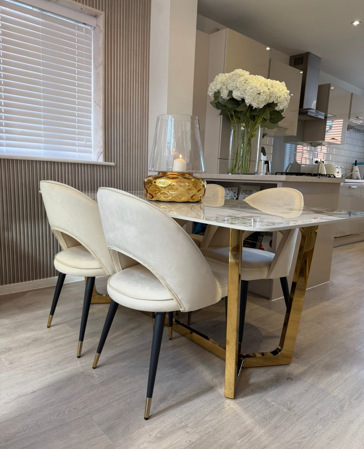Luca Cream 1.8 Dining Table With Gold Frame And Pandora Sintered Top & 4 Astra Dining Chairs