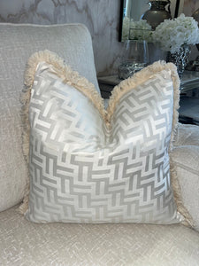 FF Cushion in Beige and White With Fringe Detail  (Reversible)