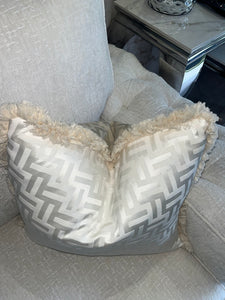 FF Cushion in Beige and White With Fringe Detail  (Reversible)