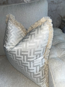 FF Cushion in Beige and White With Fringe Detail  (Reversible)