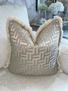 FF Cushion in Beige and White With Fringe Detail  (Reversible)