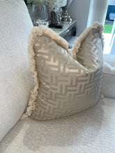 Load image into Gallery viewer, FF Cushion in Beige and White With Fringe Detail  (Reversible)