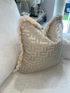 FF Cushion in Beige and White With Fringe Detail  (Reversible)
